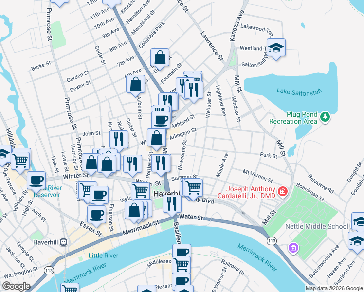 map of restaurants, bars, coffee shops, grocery stores, and more near 52 Newcomb Street in Haverhill