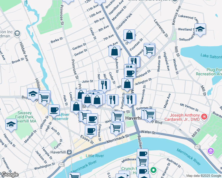 map of restaurants, bars, coffee shops, grocery stores, and more near 3 Nichols Street in Haverhill