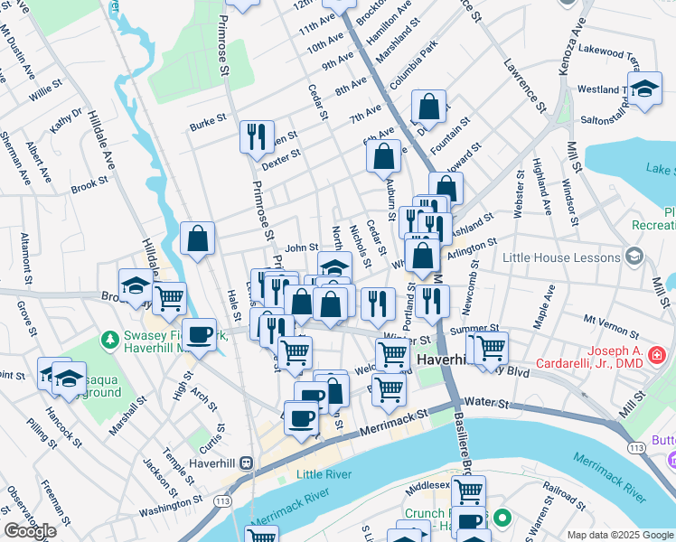 map of restaurants, bars, coffee shops, grocery stores, and more near 17 North Street in Haverhill