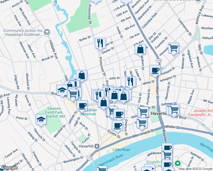 map of restaurants, bars, coffee shops, grocery stores, and more near 99 Primrose Street in Haverhill