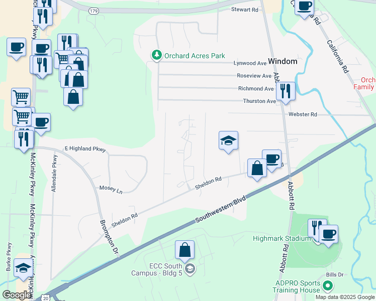 map of restaurants, bars, coffee shops, grocery stores, and more near 3828 Teachers Lane in Erie County