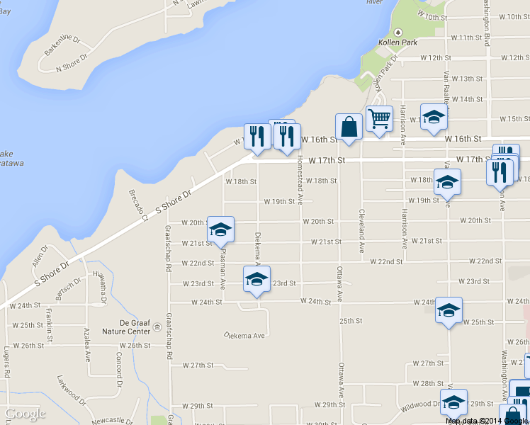 map of restaurants, bars, coffee shops, grocery stores, and more near 520 West 19th Street in Holland