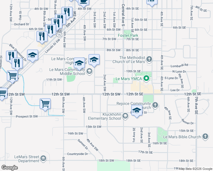 map of restaurants, bars, coffee shops, grocery stores, and more near 1001-1003 2nd Ave SW in Le Mars