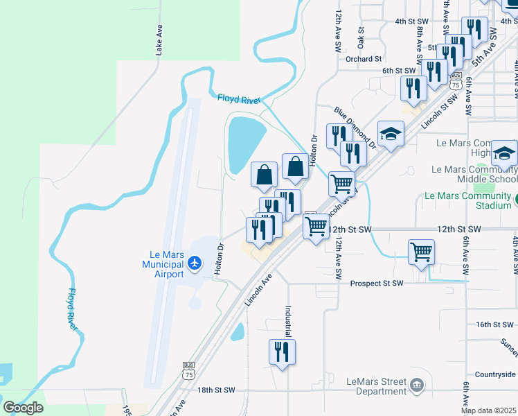 map of restaurants, bars, coffee shops, grocery stores, and more near 1116 Holton Drive in Le Mars