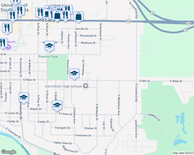 map of restaurants, bars, coffee shops, grocery stores, and more near 1302 East Main Street in Vermillion