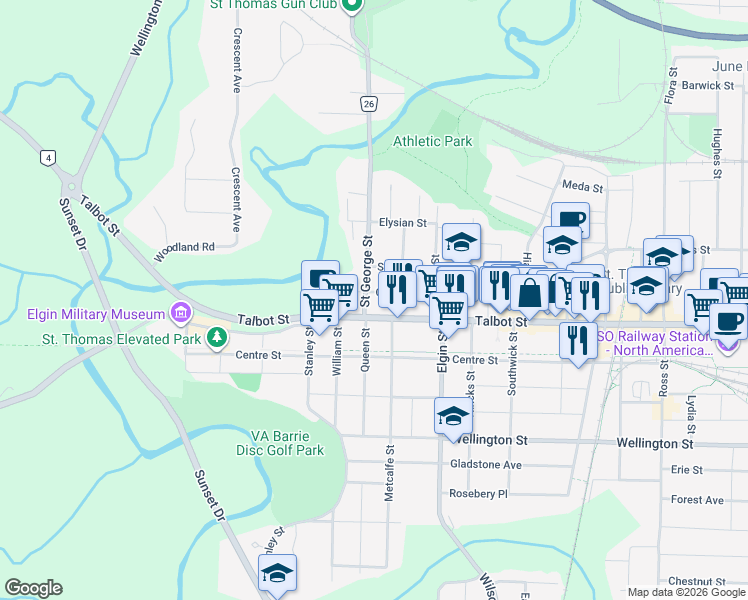 map of restaurants, bars, coffee shops, grocery stores, and more near 16 Curtis Street in St. Thomas
