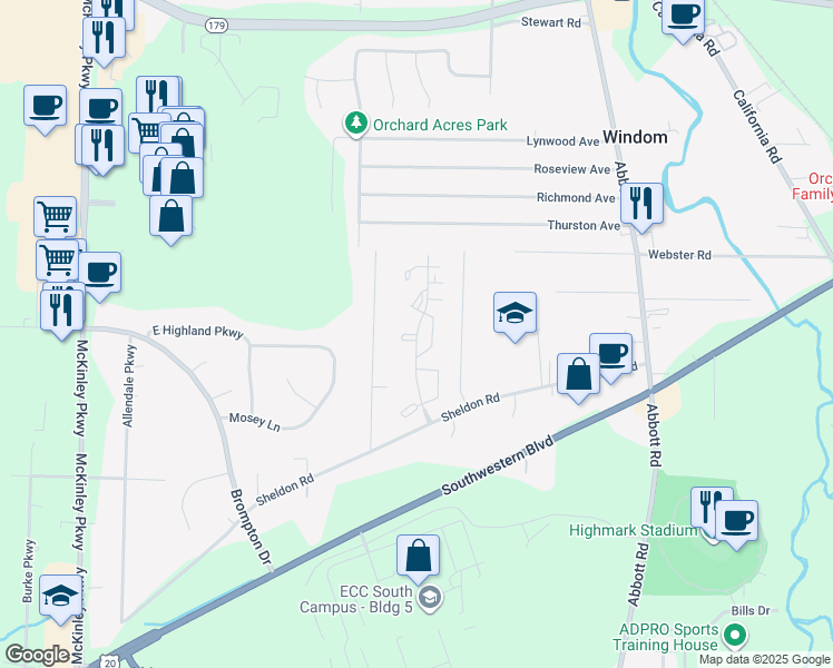 map of restaurants, bars, coffee shops, grocery stores, and more near 3835 Teachers Lane in Orchard Park