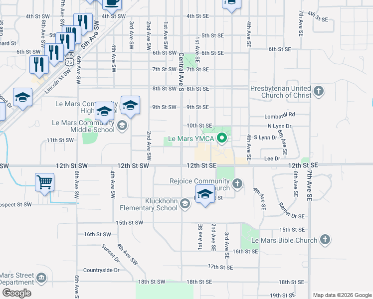 map of restaurants, bars, coffee shops, grocery stores, and more near 1001-1099 Central Avenue South in Le Mars