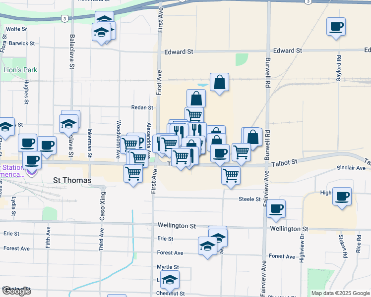 map of restaurants, bars, coffee shops, grocery stores, and more near 1029 Talbot Street in St. Thomas