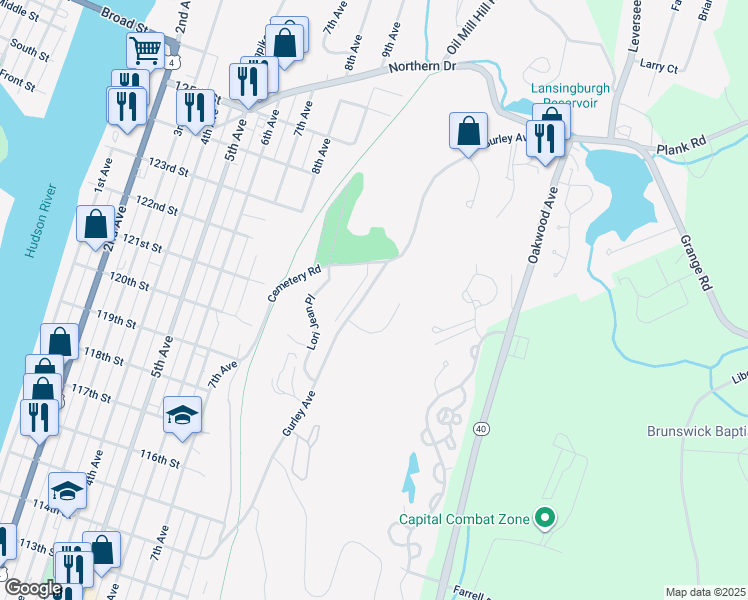 map of restaurants, bars, coffee shops, grocery stores, and more near 47 Gurley Avenue in Troy