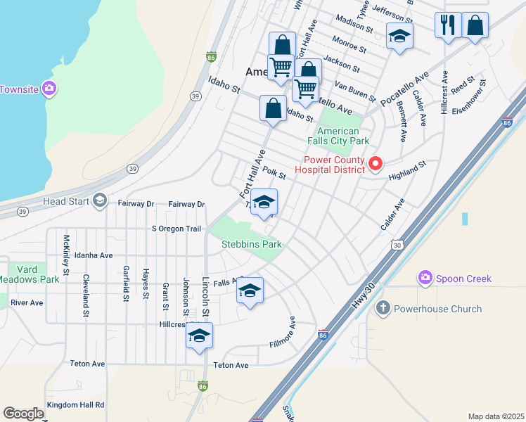 map of restaurants, bars, coffee shops, grocery stores, and more near 254 Taylor Street in American Falls