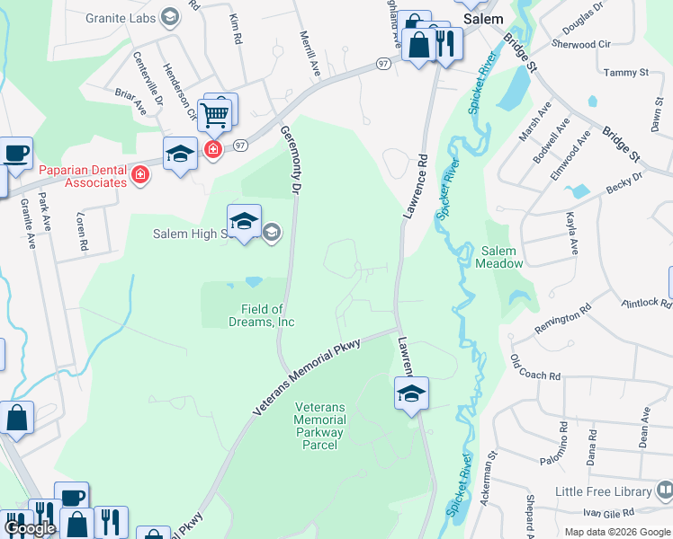 map of restaurants, bars, coffee shops, grocery stores, and more near 5 Sally Sweets Way in Salem
