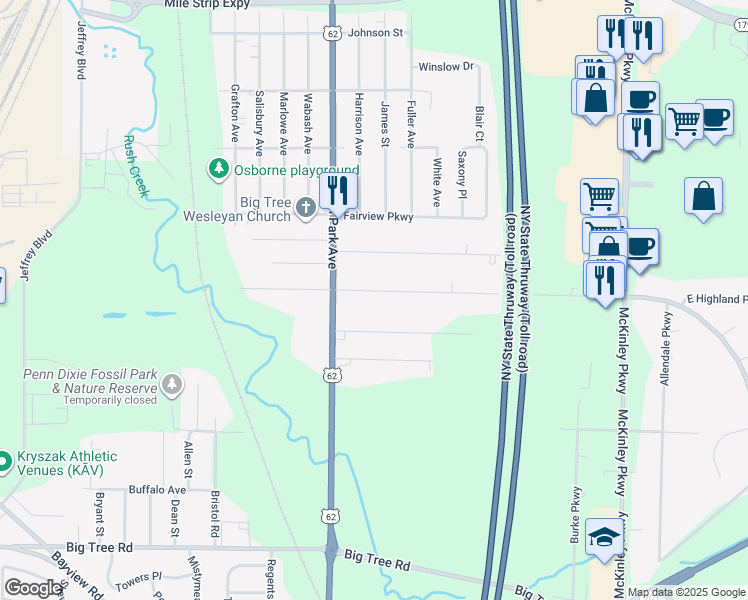 map of restaurants, bars, coffee shops, grocery stores, and more near 4245 West Highland Parkway in Buffalo