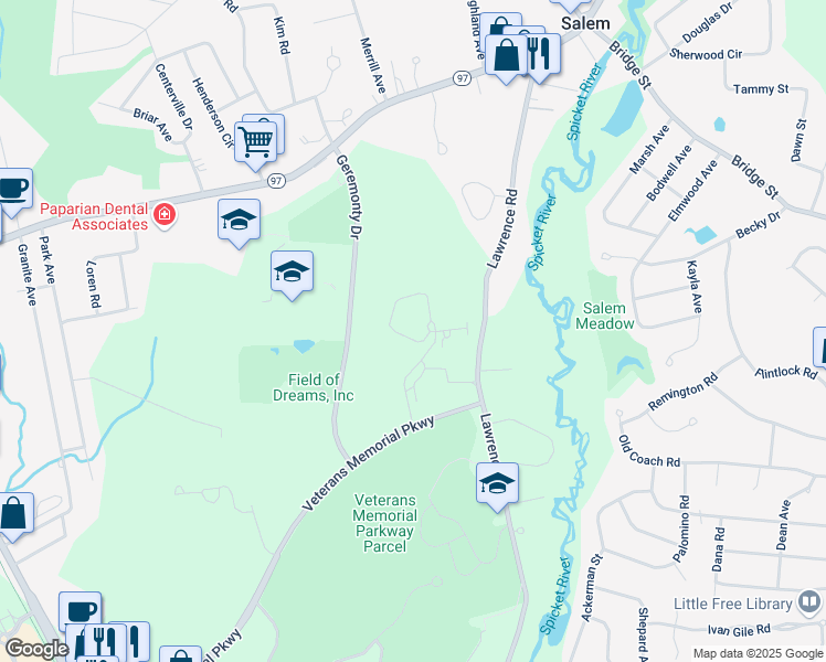 map of restaurants, bars, coffee shops, grocery stores, and more near 5 Sally Sweets Way in Salem