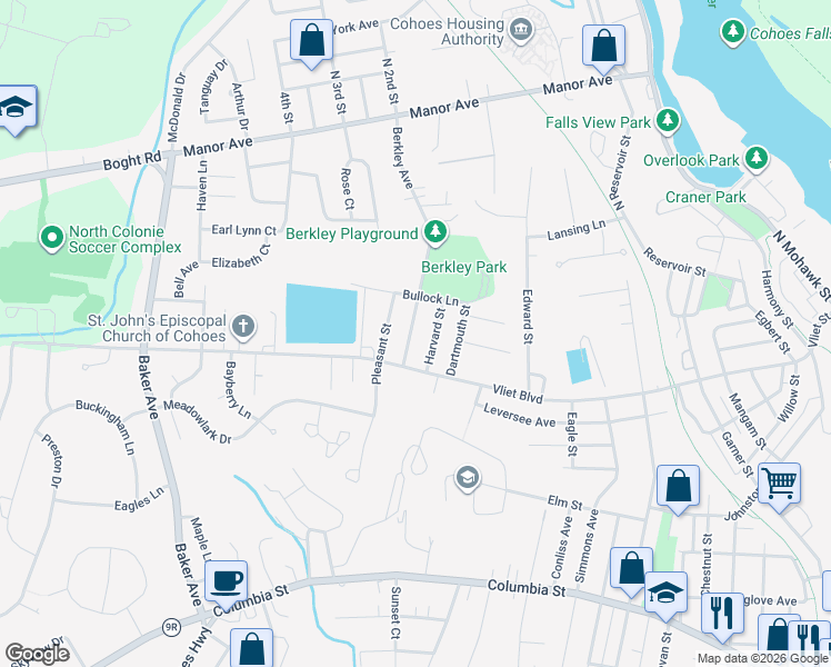map of restaurants, bars, coffee shops, grocery stores, and more near 18 Berkley Avenue in Cohoes