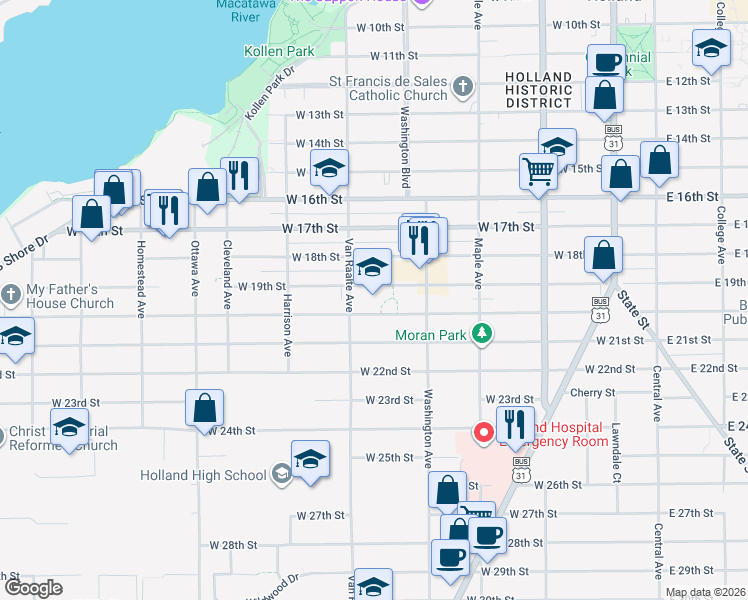 map of restaurants, bars, coffee shops, grocery stores, and more near 461 Van Raalte Avenue in Holland