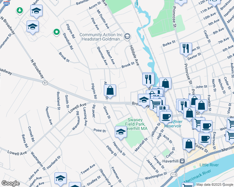 map of restaurants, bars, coffee shops, grocery stores, and more near 24 Victor Street in Haverhill
