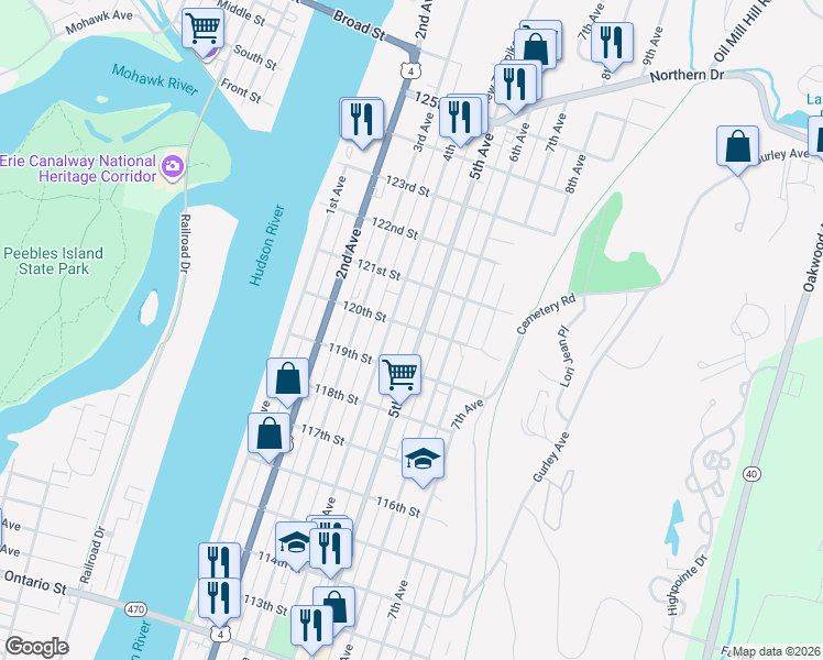 map of restaurants, bars, coffee shops, grocery stores, and more near 729 5th Avenue in Troy