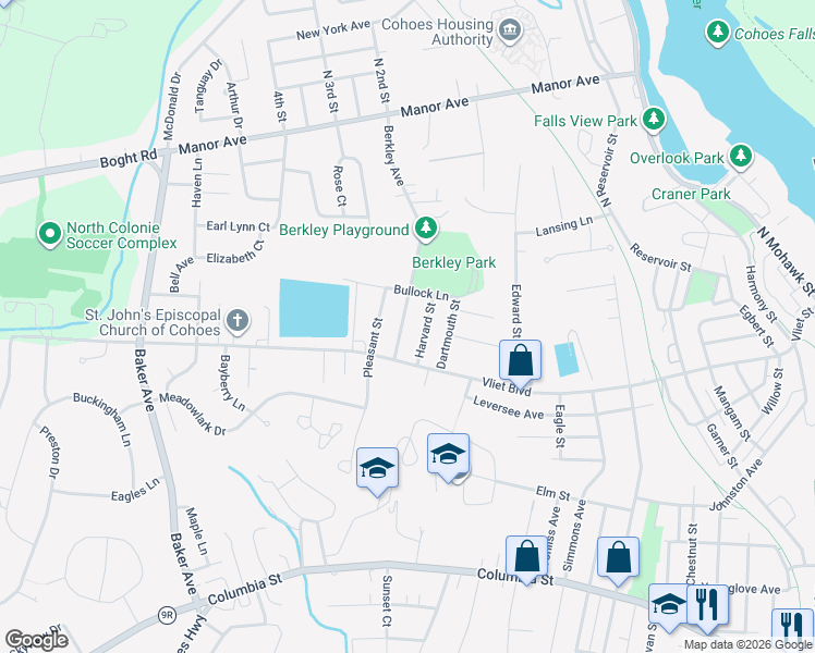 map of restaurants, bars, coffee shops, grocery stores, and more near 18 Berkley Avenue in Cohoes