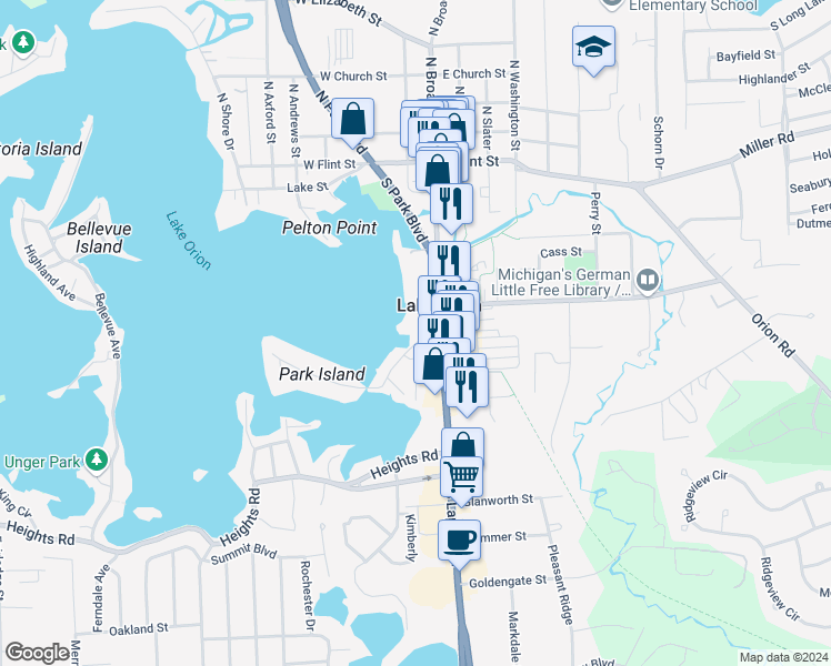 map of restaurants, bars, coffee shops, grocery stores, and more near 328 South Broadway Street in Orion charter Township