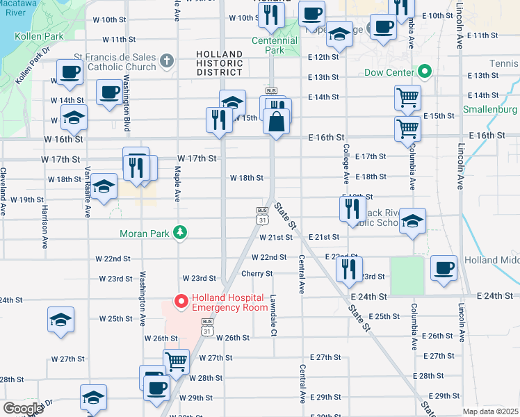 map of restaurants, bars, coffee shops, grocery stores, and more near 460 U.S. 31 Business in Holland