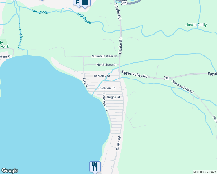 map of restaurants, bars, coffee shops, grocery stores, and more near 8488 Bellevue Street in Honeoye