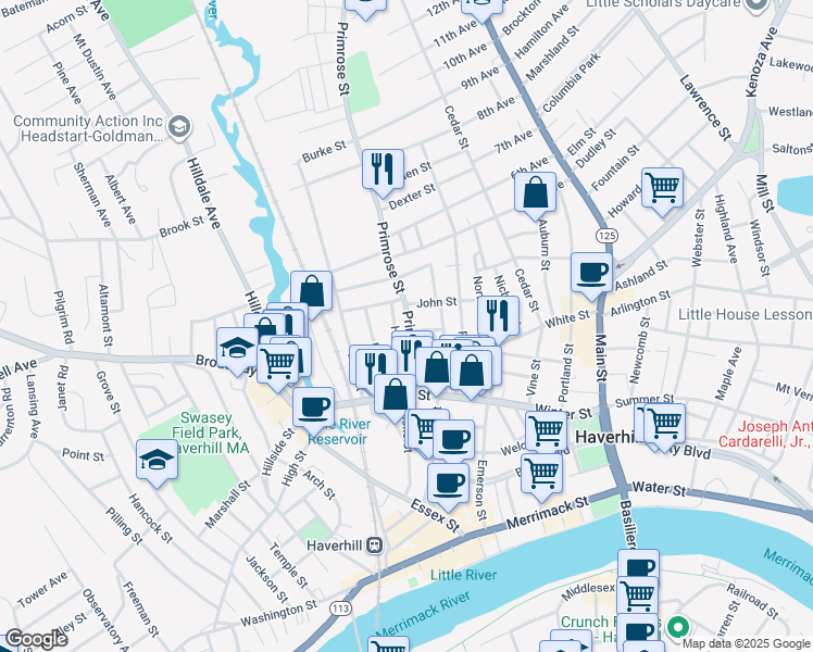 map of restaurants, bars, coffee shops, grocery stores, and more near 98 Primrose Street in Haverhill