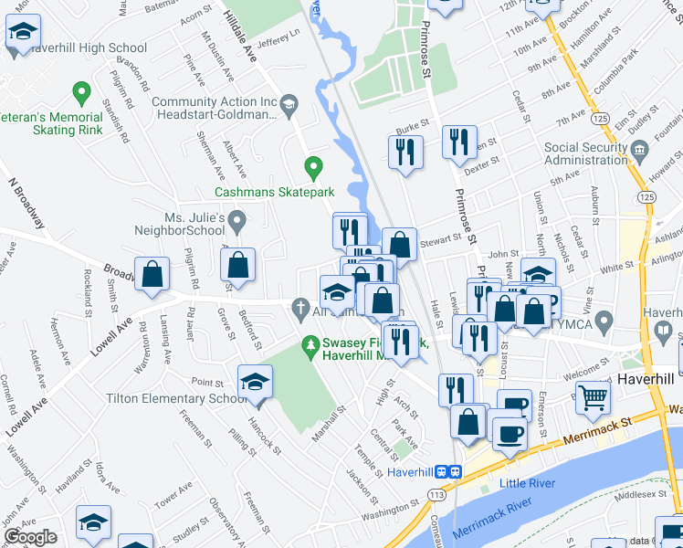 map of restaurants, bars, coffee shops, grocery stores, and more near 5 Gove Street in Haverhill