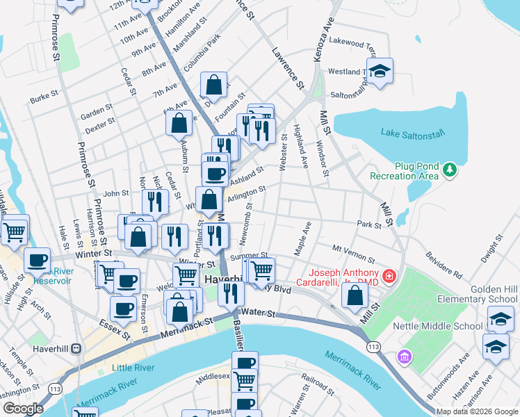 map of restaurants, bars, coffee shops, grocery stores, and more near 8 Clinton Street in Haverhill