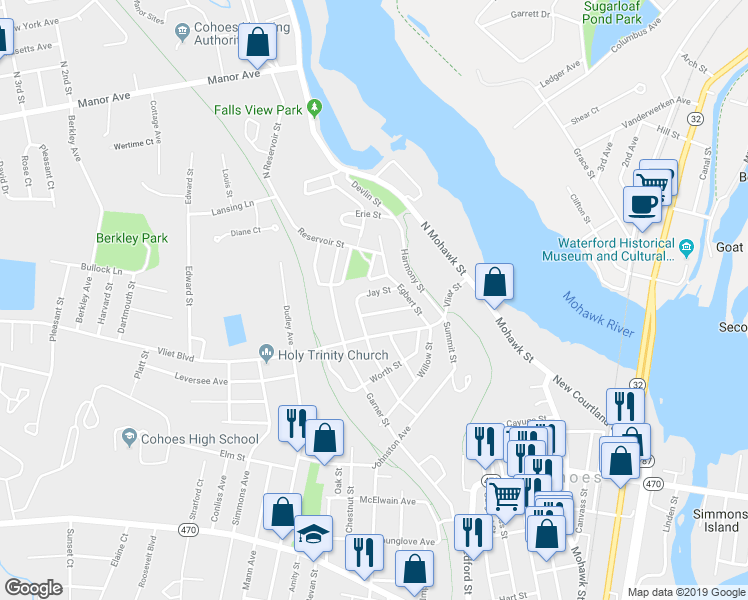 map of restaurants, bars, coffee shops, grocery stores, and more near 20 Jay Street in Cohoes