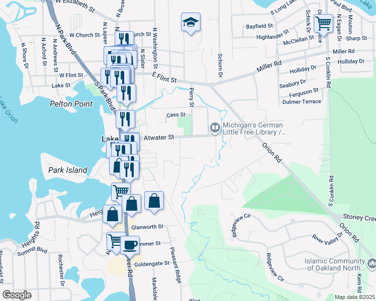 map of restaurants, bars, coffee shops, grocery stores, and more near 339 Newton Drive in Orion charter Township