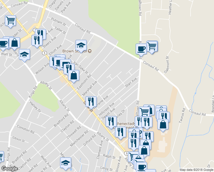 map of restaurants, bars, coffee shops, grocery stores, and more near 98 Willow Creek Avenue in Schenectady