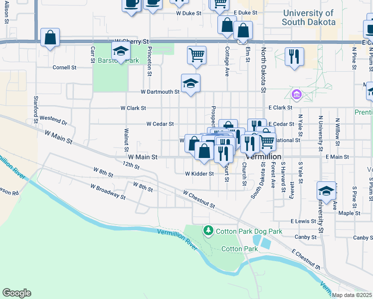 map of restaurants, bars, coffee shops, grocery stores, and more near 211 West Main Street in Vermillion