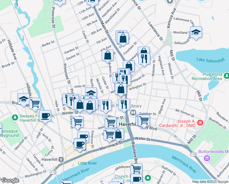 map of restaurants, bars, coffee shops, grocery stores, and more near 123 White Street in Haverhill
