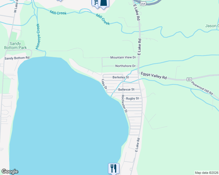 map of restaurants, bars, coffee shops, grocery stores, and more near 8513 Arlington Street in Honeoye