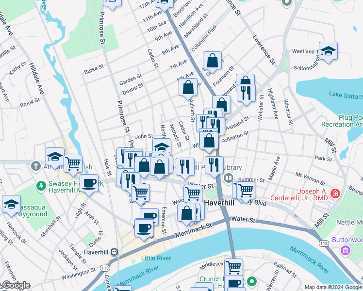 map of restaurants, bars, coffee shops, grocery stores, and more near 3 Nichols Street in Haverhill
