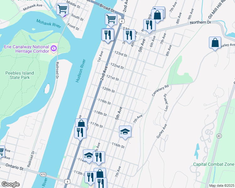 map of restaurants, bars, coffee shops, grocery stores, and more near 723 4th Avenue in Troy