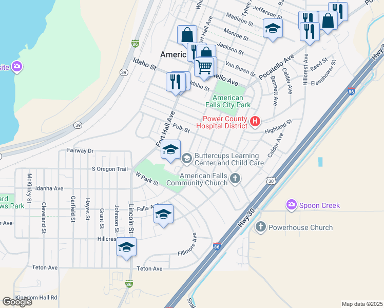 map of restaurants, bars, coffee shops, grocery stores, and more near 751 Tyhee Avenue in American Falls