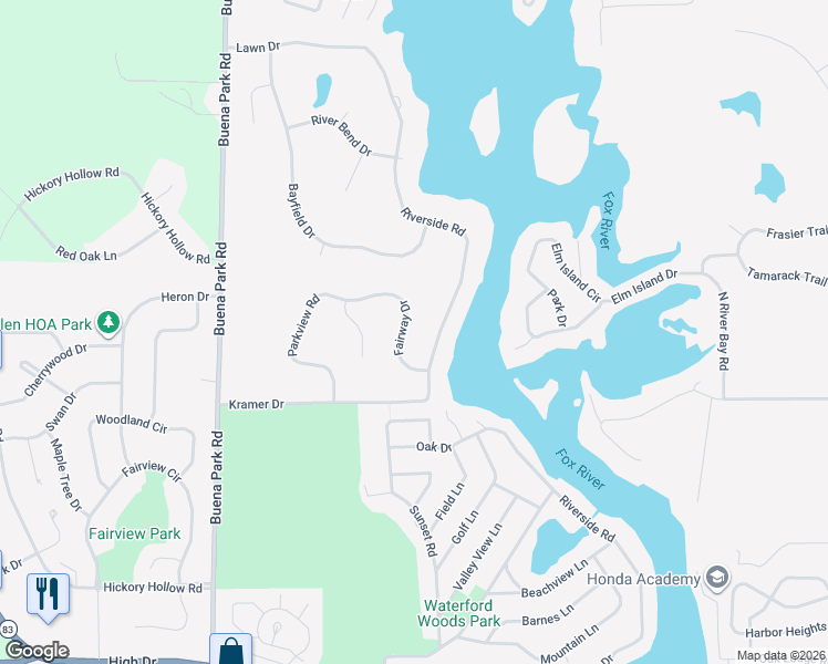 map of restaurants, bars, coffee shops, grocery stores, and more near 4753 Fairway Drive in Waterford