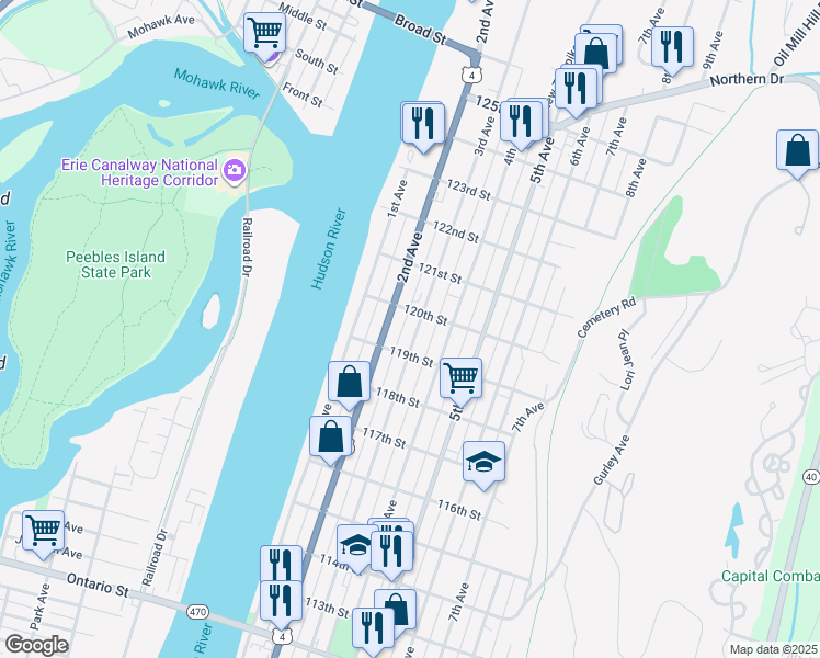 map of restaurants, bars, coffee shops, grocery stores, and more near 713 3rd Avenue in Troy