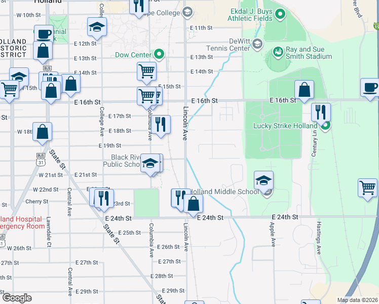 map of restaurants, bars, coffee shops, grocery stores, and more near 487 Lincoln Avenue in Holland