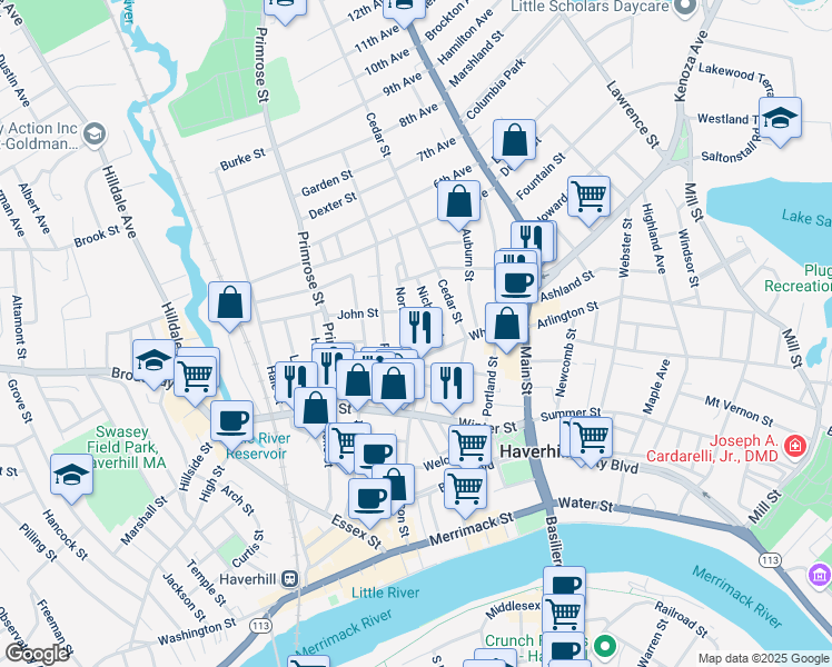 map of restaurants, bars, coffee shops, grocery stores, and more near 17 North Street in Haverhill
