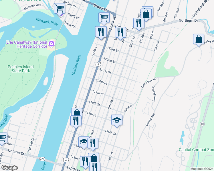 map of restaurants, bars, coffee shops, grocery stores, and more near 723 4th Avenue in Troy