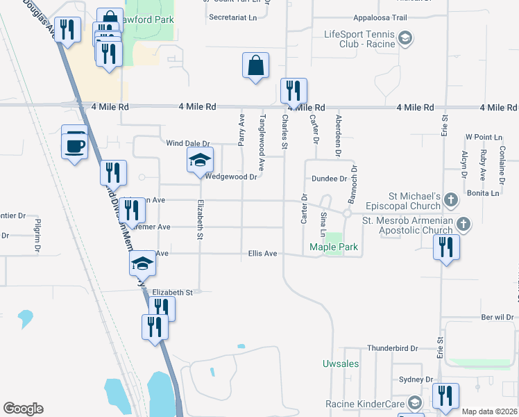 map of restaurants, bars, coffee shops, grocery stores, and more near 1503 Johnson Avenue in Racine