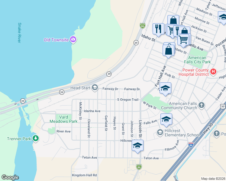 map of restaurants, bars, coffee shops, grocery stores, and more near 114 Hayes Street in American Falls