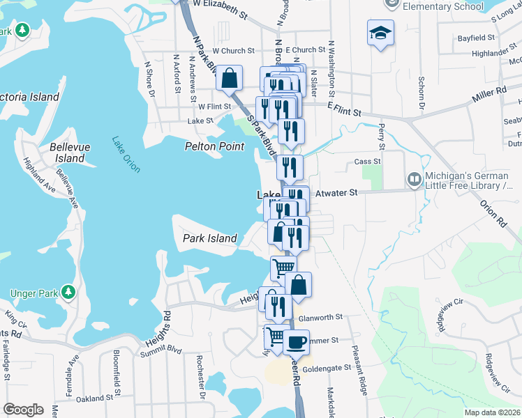 map of restaurants, bars, coffee shops, grocery stores, and more near 328 South Broadway Street in Orion charter Township