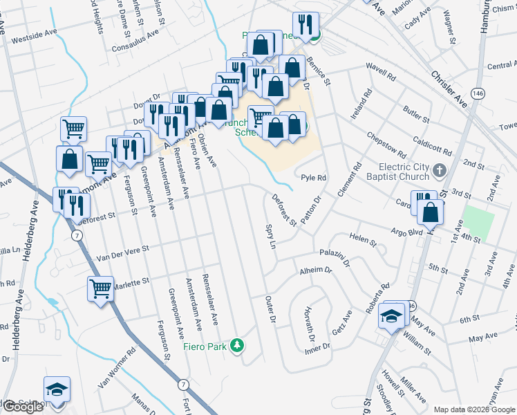 map of restaurants, bars, coffee shops, grocery stores, and more near 1057 Spry Lane in Schenectady