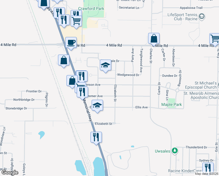 map of restaurants, bars, coffee shops, grocery stores, and more near 1723 Johnson Avenue in Racine