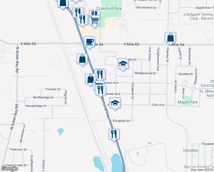 map of restaurants, bars, coffee shops, grocery stores, and more near 1917 Johnson Avenue in Racine