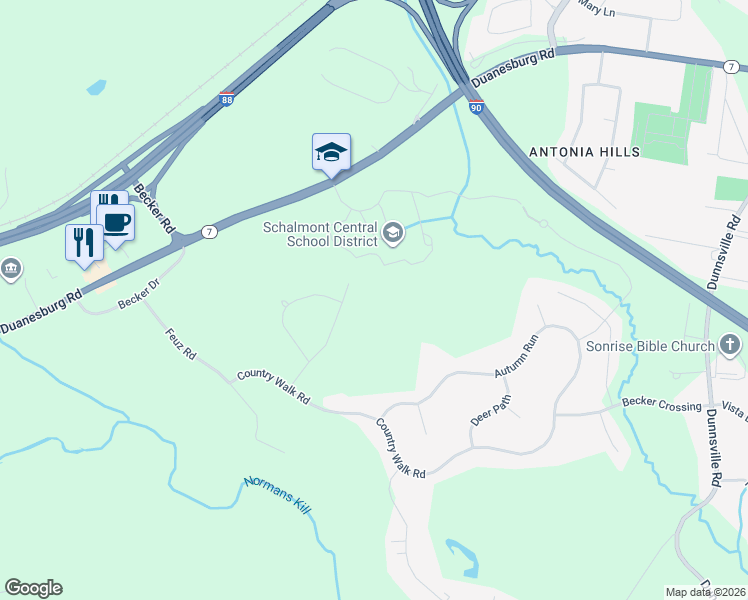 map of restaurants, bars, coffee shops, grocery stores, and more near 415 Meghan Boulevard in Schenectady
